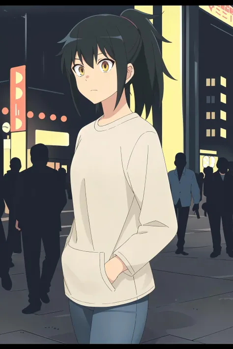 ((best quality)),((highly detailed)),masterpiece,absurdres,detailed face,beautiful face,<lora:OriharaV1.3:0.7>,Orihara,black hair,ponytail,brown eyes,bangs,yellow eyes, walking, at night, looking to the side, shirt, jeans, hands in pocket, nighttime, city streets, neon signs, crowd behind