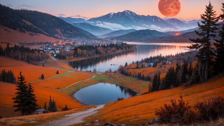 excellent oil painting of a mountain landscape in autumn, vibrant colors, powerfull style with epic dramatism, small willage, young passants and cows, river and lake, best quality, maximum quality, intricate details, ultrasahrp, ambient oclusion, realistic shadows, art by Bastien Lecouffe Deharme, 8k, oil art, <lora:add_detail:1> (red theme:1.1), (dark theme:1.1), (night, fog, dystopia, lake, burning hell, despair:1.1), (red moon:1 2),