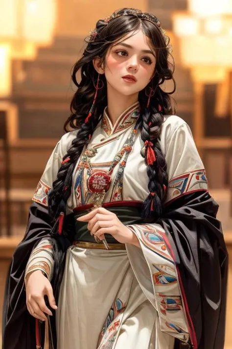 a profestional picutre of brittanySnow1 , with Full-Figured - A body with ample curves and a larger frame. , 1girl,<lora:tibet:0.7> tibet, outfit traditional,, Beguiler's Illusion: Behavior: The character gestures with theatrical flair, casting illusory magic that captivates and confounds. Their movements are purposeful yet deceptive, embodying the allure of trickery and enchantment. , , camera angle from below and cowboy shot, photorealism,unreal 5 daz,perfectly drawed hands,perfectly drawed face,perfect body,extremely detailed artgerm greg rutkowski greg,((ultrasharp)),((masterpiece)),((best quality)),((ultradetailed)),((intricated details)),ultradetailed character,detailed face,intricated face details,<lyco:GoodHands-beta2:1>,extremaly detailed background,perfectly detailed face,character focus,intricated details of face,fFaceDetail <lora:add_detail:0.7> ultra realistic,32k,RAW photo,(high detailed skin:1.2),8k uhd,dslr,soft lighting,high quality,film grain, beautiful and aesthetic,extremely detailed