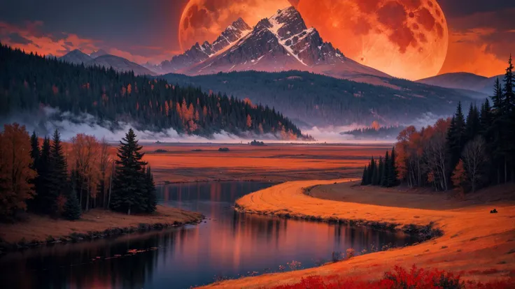 excellent oil painting of a mountain landscape in autumn, vibrant colors, powerfull style with epic dramatism, small willage, young passants and cows, river and lake, best quality, maximum quality, intricate details, ultrasahrp, ambient oclusion, realistic shadows, art by Bastien Lecouffe Deharme, 8k, oil art, <lora:add_detail:1> (red theme:1.1), (dark theme:1.1), (night, fog, dystopia, lake, burning hell, despair:1.1), (red moon:1 2),
