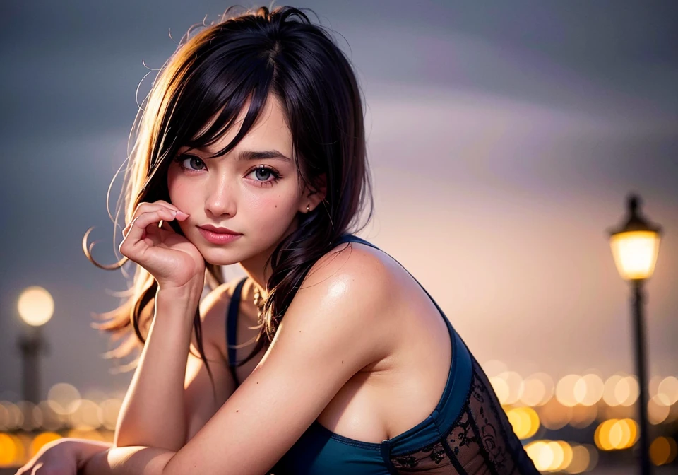 tower,(8k, best quality, masterpiece:1.3), (realistic, photo-realistic:1.37),1girl, cute, night, dating, (nose blush), (smile:1.15), (closed mouth) small breasts, beautiful detailed eyes,, night, wet, rain, white lace, floating hair, (chromatic chestRuSkirt),<lora:chestRuSkirt:0.65> chunli_alpha 3.5D