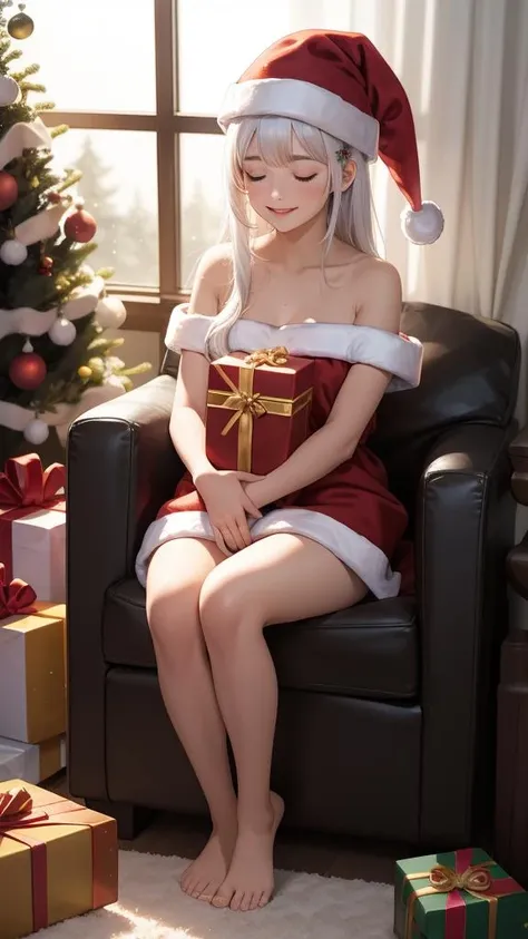 animal ears, blue eyes, hat, christmas tree, long hair, barefoot, santa hat, dark skin, christmas, dark-skinned female, window, sleeping, smile, pillow, white hair, looking at viewer, gift, fur trim, very long hair, moon, closed eyes, 2girls, indoors, multiple girls, sitting, curtains, transparent background, 1girl, hair ornament, christmas ornaments, christmas stocking, solo, bare shoulders, gift box, sparkle, closed mouth, box, bangs, star \(symbol\), full body, full moon
