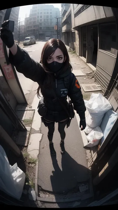 (Selfie, POV, 1girl rogue agent wearing mask, in a empty abandoned dystopian street year 2010, trashbags broken cars. (fisheye lens:1.2), nighttime analog style, masterpiece, (detailed eyes), best quality, epic, hyperrealistic, <lora:girl_with_mask_lora013:1> <lora:ffc_selfie_v1:0.2> tom clancys the division concept art