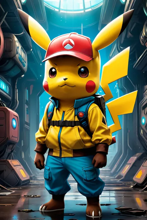 retro-futuristic dystopian style Pokémon style  (masterpiece:1.4), (best quality:1.4), <lora:add_detail:0.4>, colored, vibrant, cute, anime, fantasy, reminiscent of Pokémon series, Pikachu survivor gear, bleak, post-apocalyptic, somber, dramatic, highly detailed, vintage sci-fi, 50s and 60s style, atomic age, vibrant, highly detailed