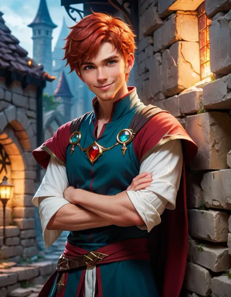 A Fantasy male mage Leaning back against a broken stone wall with his arms folded infront of his chest, short red hair, impatient expression, fantasy street, mood lighting, detailed, smiling