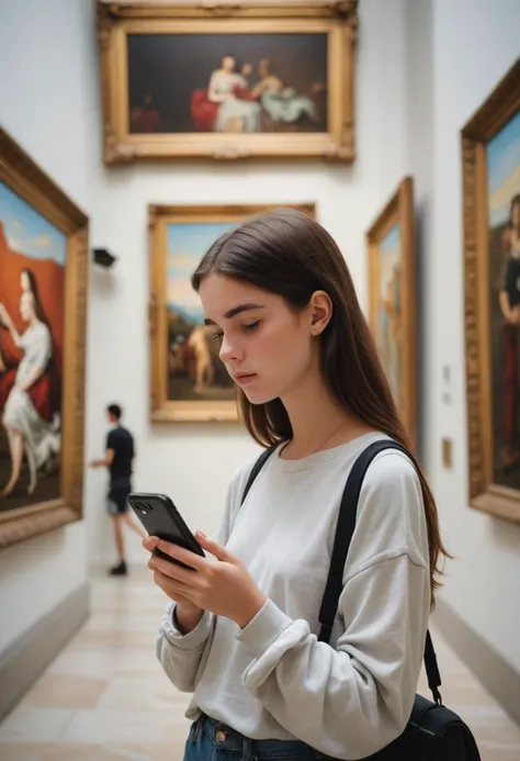 Marble status of a girl looking at her phone inside a museum filled with paintings.