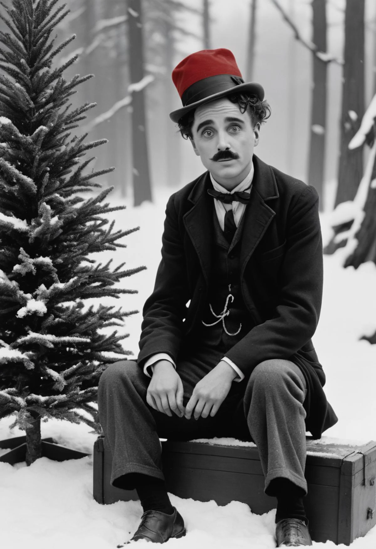Cinematic film still of Charlie Chaplin as the Tramp, wearing santa hat, sitting in the snow, small Christmas tree, black and white image.