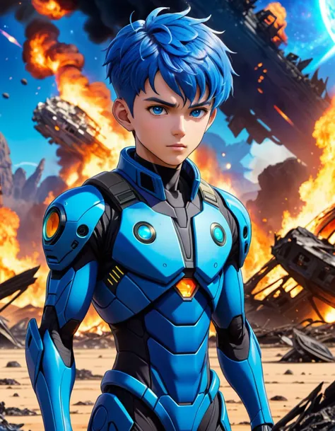 Anime, Determined 25yo man, short blue hair, blue stubble, next to burning debris, stranded on an alien planet, alien world, crash-landed, xeno wildlife, planetary rings, alien jungle, animated series,