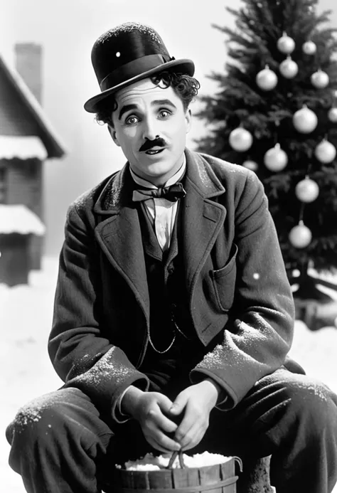 Cinematic film still of Charlie Chaplin as the Tramp, wearing santa hat, sitting in the snow, small Christmas tree, black and white image.