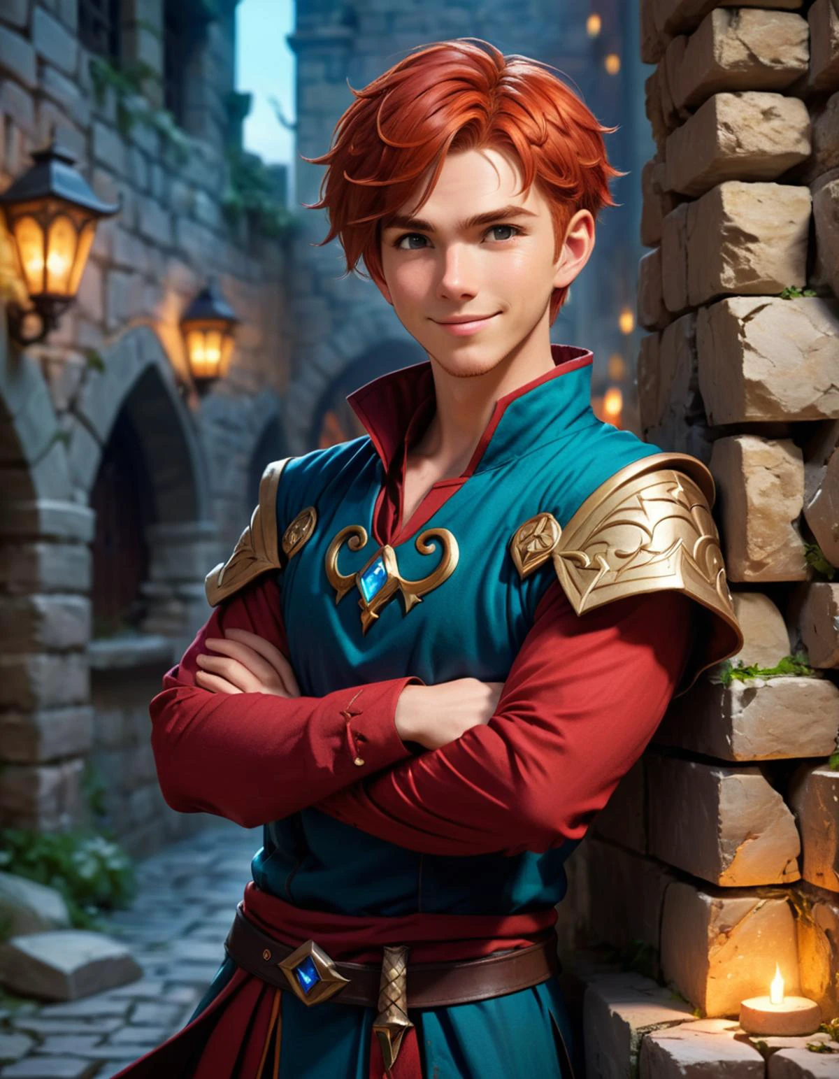 A Fantasy male mage Leaning back against a broken stone wall with his arms folded infront of his chest, short red hair, impatient expression, fantasy street, mood lighting, detailed, smiling