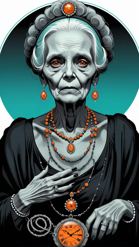 a black and white, vector artwork, morbid, horror, dark old lady, thick lines, jewellery circular, isolated, white background, orange and cyan tints, hd