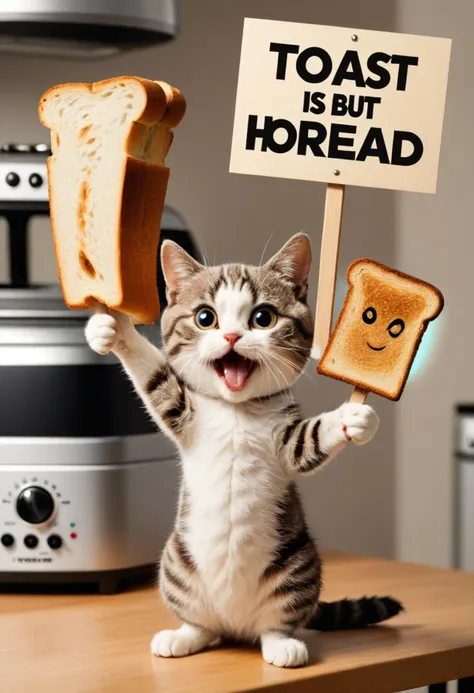 A cat holding sign TEXT LOGO "Toast is but hot bread". Toaster in the background,<lora:HarrlogoXL:0.800000>