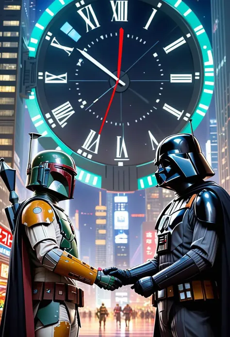 "Boba Fett and Darth Vader look into each other's eyes holding hands at 11:59pm, new years eve"
Weight:1
"Countdown before new year. A giant futuristic clock in a skyscraper."
Weight:1
"by artist "anime", Anime Key Visual, Japanese Manga, Pixiv, Zerochan, Anime art, Fantia Epic cinematic brilliant stunning intricate meticulously detailed dramatic atmospheric maximalist digital matte painting"
Weight:1
"Clock hands are set at 11:59pm"
Weight:1