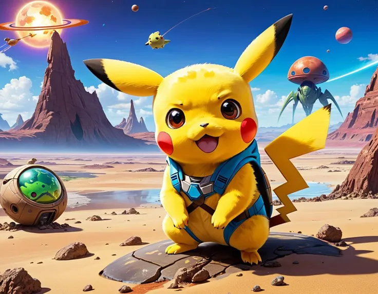 Determined Pikachu stranded on an alien planet, alien world, crash-landed,