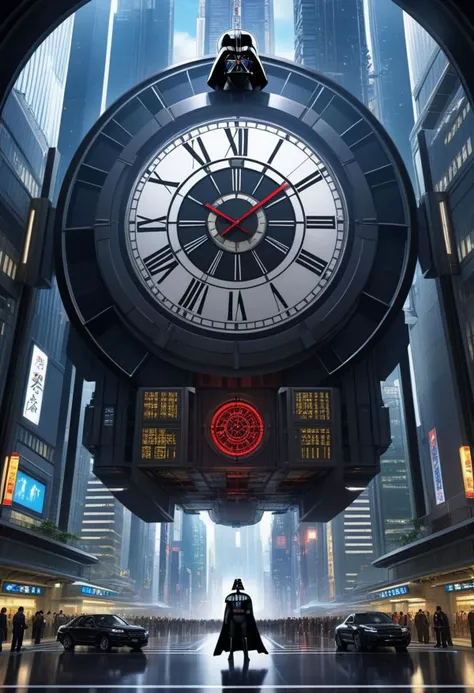 "Countdown to midnight"
Weight:1
"Countdown before new year. A giant futuristic clock in a skyscraper."
Weight:1
"by artist "anime", Anime Key Visual, Japanese Manga, Pixiv, Zerochan, Anime art, Fantia Epic cinematic brilliant stunning intricate meticulously detailed dramatic atmospheric maximalist digital matte painting"
Weight:1
"Darth Vader standing in foreground watching clock."
Weight:1