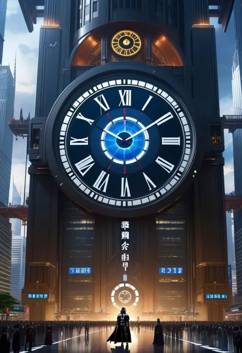 "Countdown to midnight"
Weight:1
"Countdown before new year. A giant futuristic clock in a skyscraper."
Weight:1
"by artist "anime", Anime Key Visual, Japanese Manga, Pixiv, Zerochan, Anime art, Fantia Epic cinematic brilliant stunning intricate meticulously detailed dramatic atmospheric maximalist digital matte painting"
Weight:1
"Darth Vader standing in foreground watching clock."
Weight:1