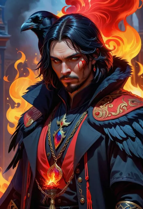 (raven, mage, russian prince), neon red, smoke, fire, flames, dripping, blood