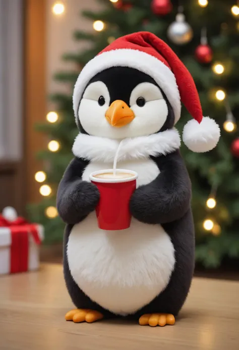 A fluffy stuffed penguin, Santa hat, holding a cup of coffee under a Christmas tree