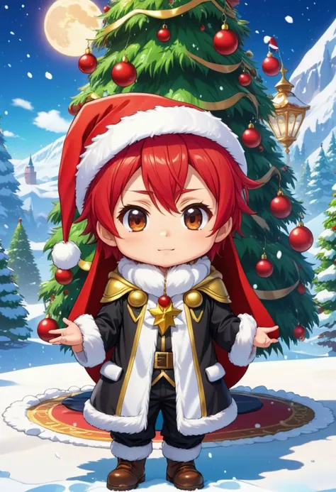 (magiA, man, red hair, chibi), snow, dripping, land, palace, santa claus hat, Christmas tree, anime