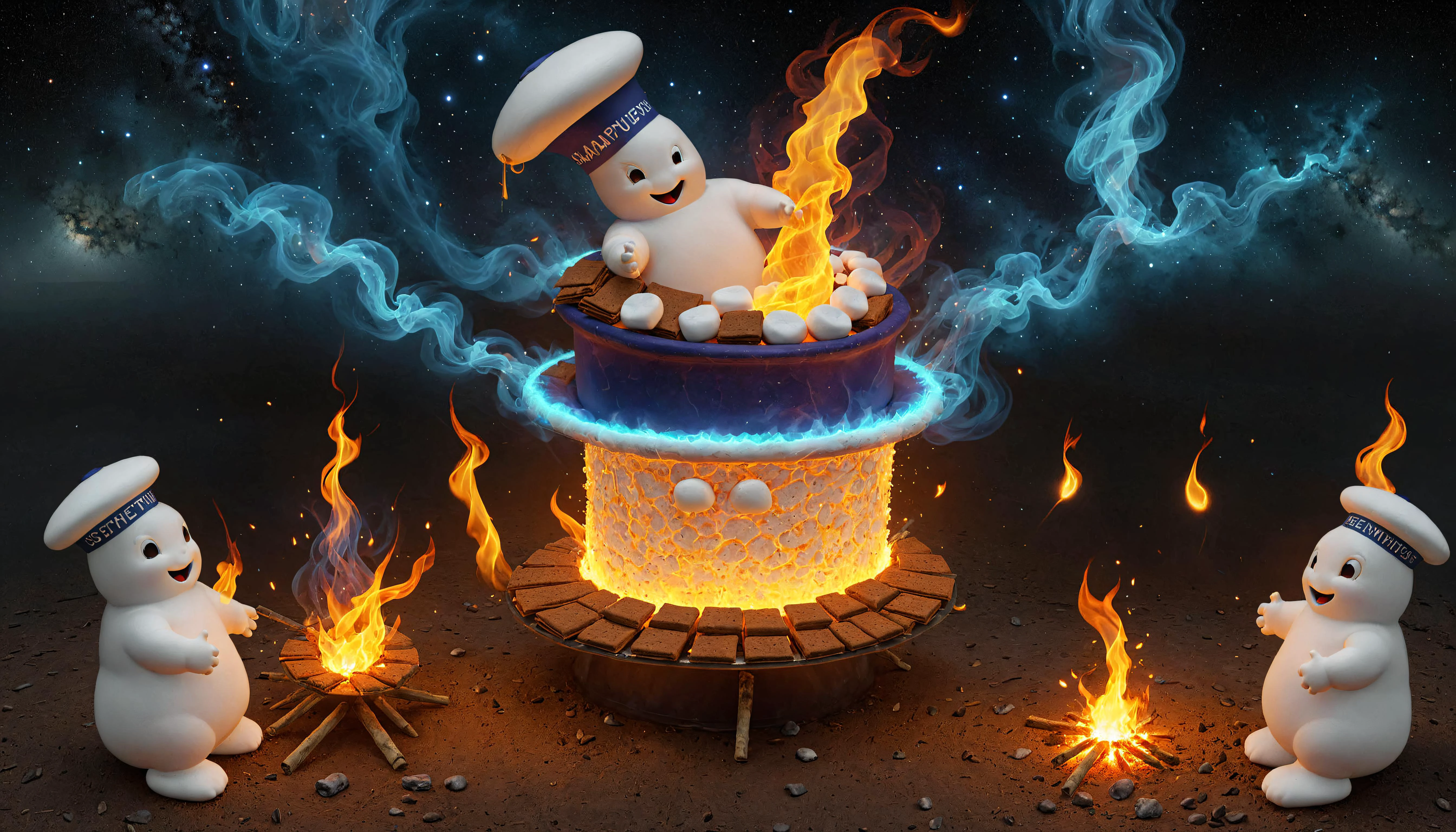 martius_nebula, bdsmcage, BibendumChamallow1024, firecd_xl, galaxies align to illuminate (a giant in a sailor hat) crammed inside of a flaming graham cracker cage in a smores occult cannibal sacrifice ceremony surrounded by a group of Peeps roasting smores, marshmallow graham crackers and chocolate bars in smores galaxy electricity, symbolism
<lora:Bdsmcage-000001:.5> <lora:BibendumChamallow1024:.85> <lora:firecd_xl-000017:.55> <lora:Cosmic_Nebula_Style:.6> , imaginative, fantastical, bright colors, stylized, happy
