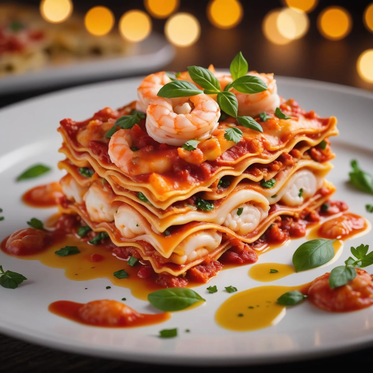 Professional photo of a fancy lasagna with shrimp on top, vibrant colors, colorful, bokeh