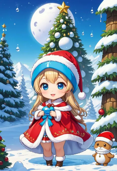 (magiA, snow maiden,  chibi), snow, dripping, land, palace, santa claus hat, Christmas tree,  anime