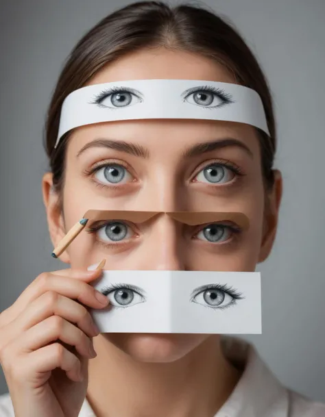 photograph of a woman who holds a strip of paper in front of her eyes that displays a pencil drawing of eyes, beautiful studio lighting photography in which the drawing of eyes obscures the real eyes