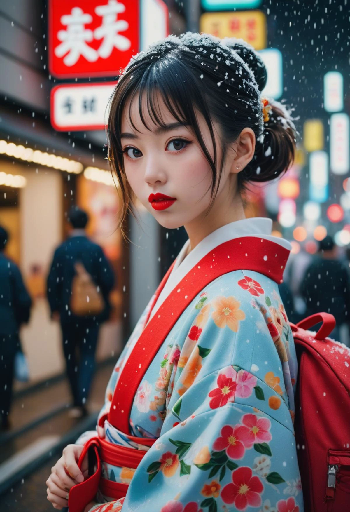 Photo of A Japanese girl, dole eye, red lipstick, kawaii kimono with floral pattern, backpack, on the street in Tokyo, busy street neon light, snowing, art by J.C. Leyendecker, Canon 5d Mark 4, Kodak Ektar, soft focus