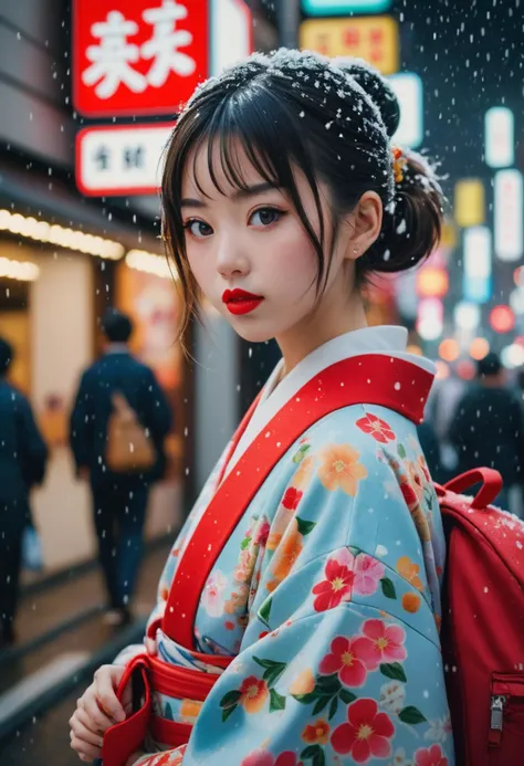 Photo of A Japanese girl,  dole eye,  red lipstick,  kawaii kimono with floral pattern,  backpack,  on the street in Tokyo,  busy street neon light,  snowing,  art by J.C. Leyendecker,  Canon 5d Mark 4,  Kodak Ektar,  soft focus