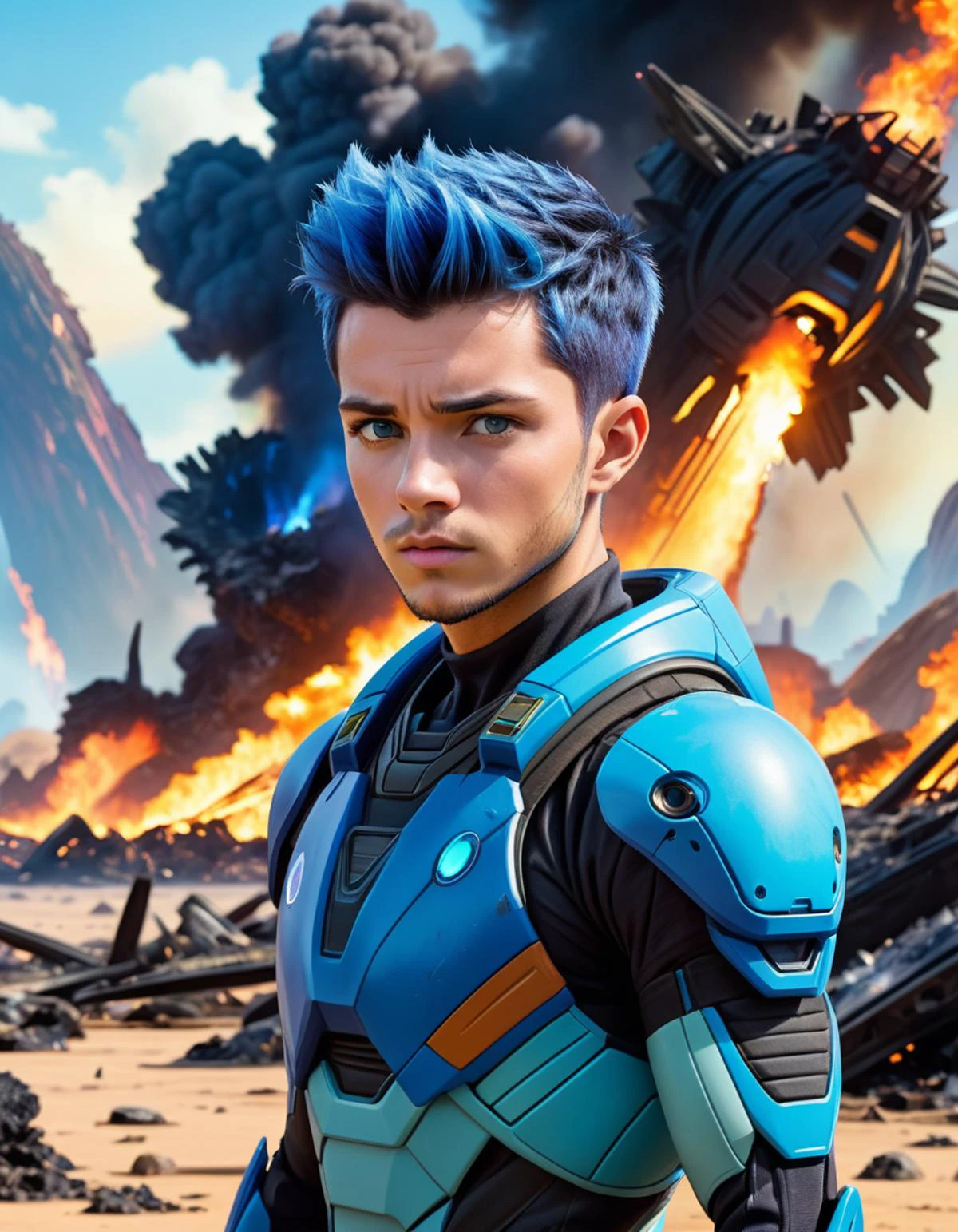 Determined 25yo man, short blue hair, blue stubble, next to burning debris, stranded on an alien planet, alien world, crash-landed, xeno wildlife, planetary rings, alien jungle, animated series,
