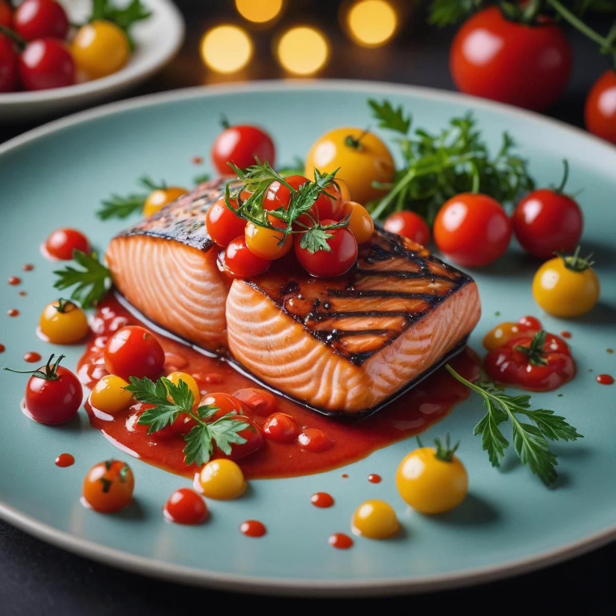 Food Porn, professional photo of a cooked salmon steak, cherry tomatoe sauce, parseley, fancy arrangement, vibrant colors, colorful, bokeh