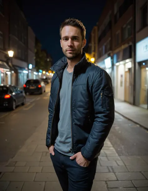 30yo man, night time, jacket, streets,