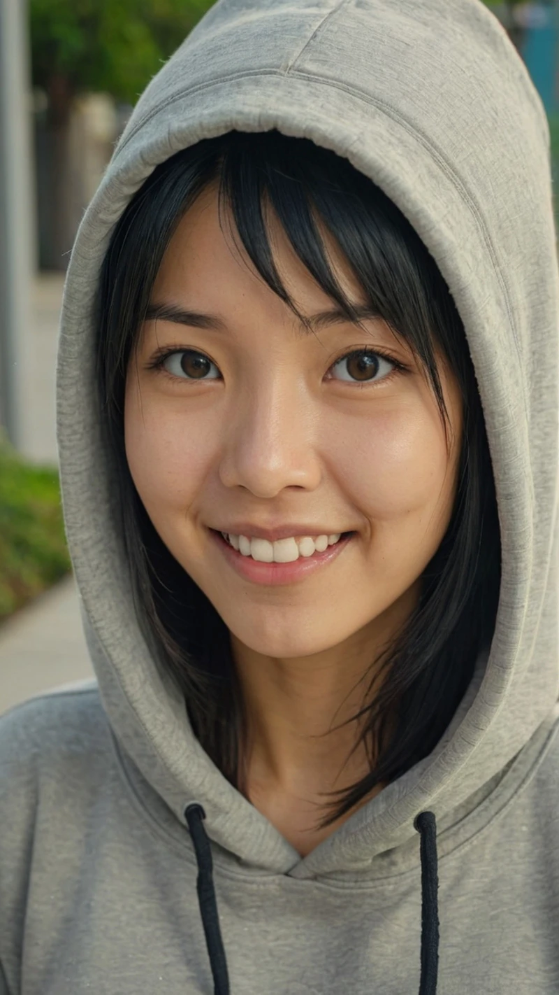 Portrait of a gorgeous 28 year old Japanese woman looking at the camera, happy, enthusiastic, wearing a hoodie, smiling, RAW photo, indistinguishable from reality, with detailed facial features, cinematic frame.,inst4 style