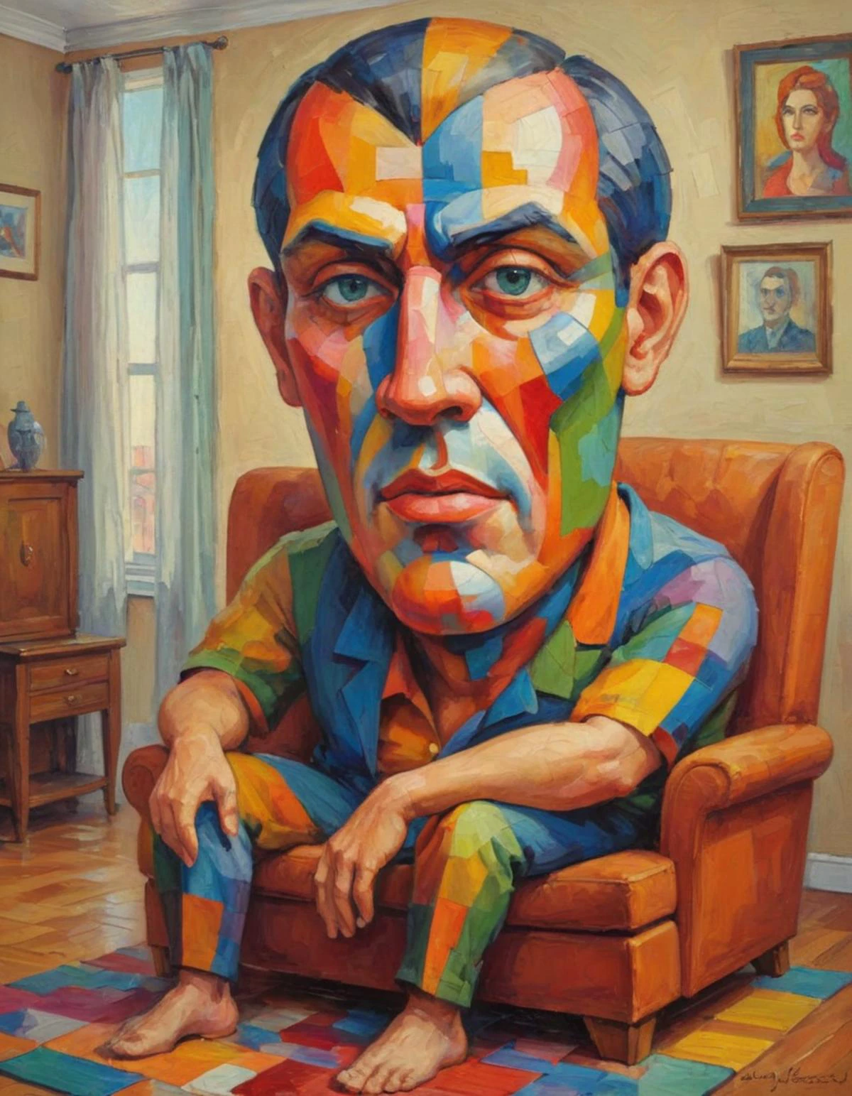 Abstract cubism painting of a muilticolored, giant face sitting in a living room, Abstract cubism idiot. Oil painting. Impasto style. Art by Georgy Kurasov, painting,<lora:EMS-261413-EMS:0.800000>