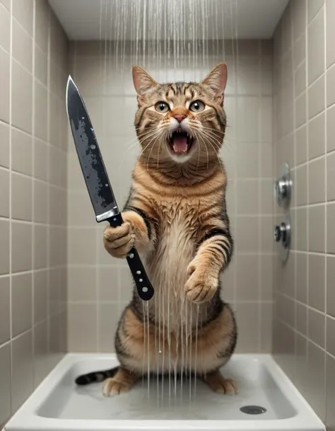A cat holding a knife under the shower, mirrored imagery