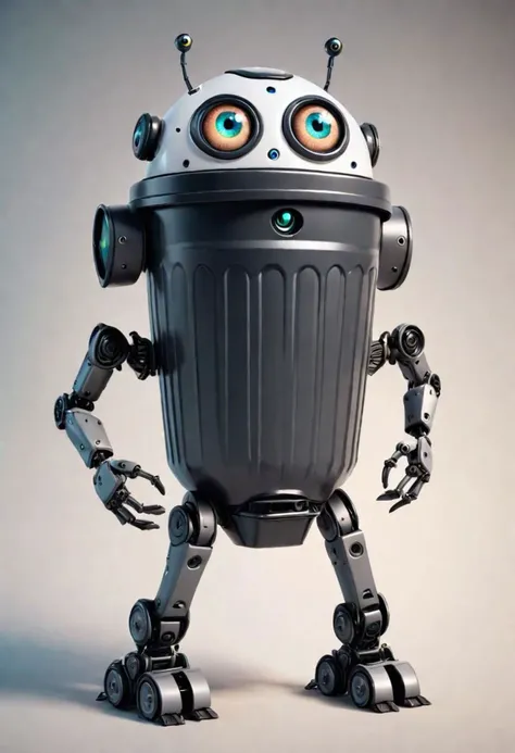 beautiful trash can with eyes, robotic hands & robotic legs, cartoon style