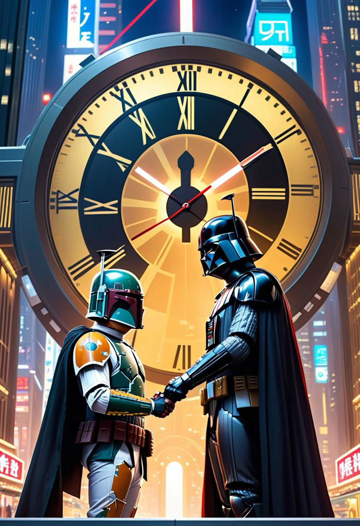 "Boba Fett and Darth Vader look into each other's eyes holding hands at the countdown to midnight, new years eve"
Weight:1
"Countdown before new year. A giant futuristic clock in a skyscraper."
Weight:1
"by artist "anime", Anime Key Visual, Japanese Manga, Pixiv, Zerochan, Anime art, Fantia Epic cinematic brilliant stunning intricate meticulously detailed dramatic atmospheric maximalist digital matte painting"
Weight:1
"Clock hands are set at 11:59pm"
Weight:1