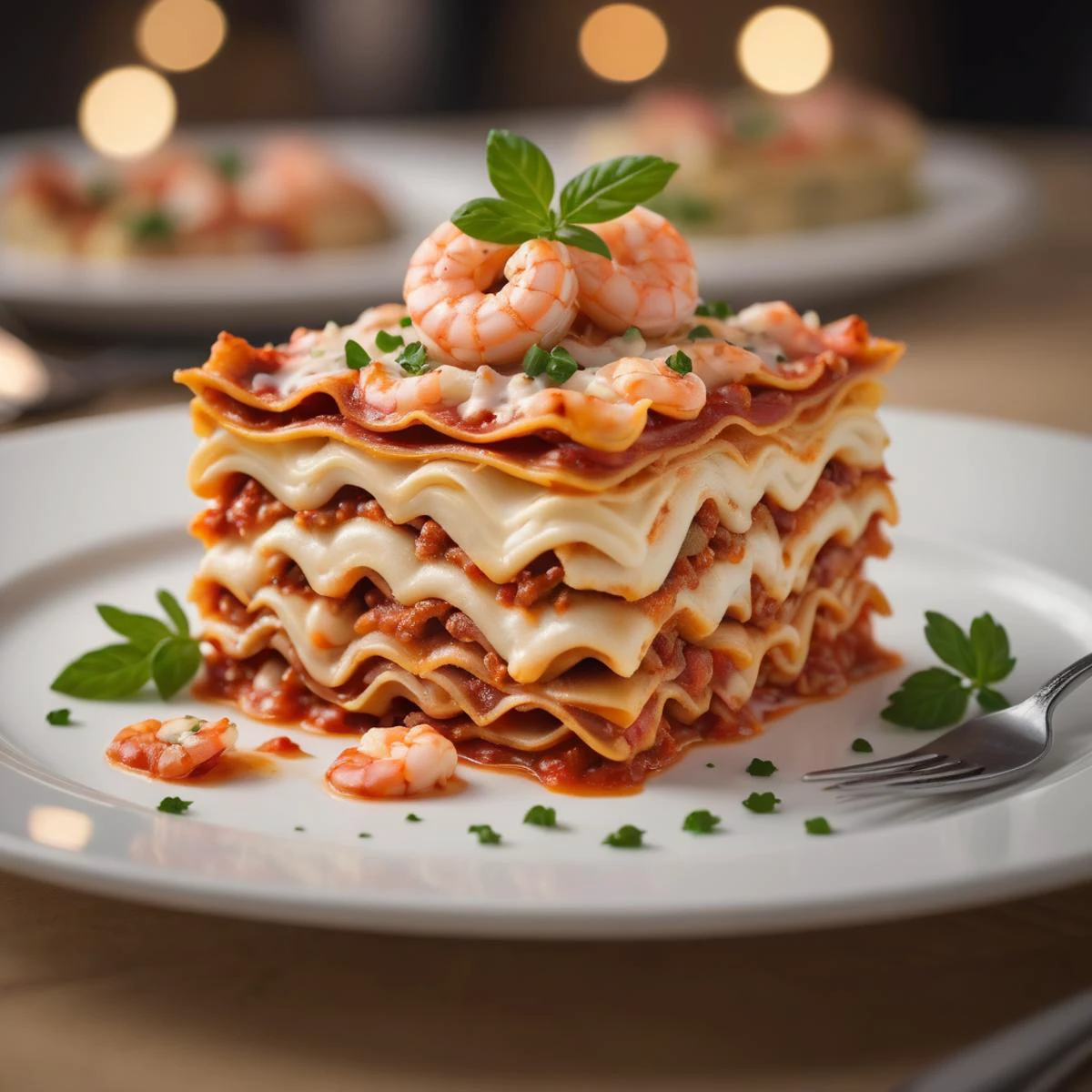 Professional photo of a fancy lasagna with shrimp on top. Food porn. Kodak, kitchen, bokeh