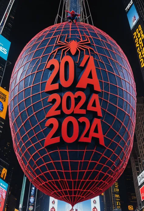 text logo "2024" Spiderman on top of the New Year's Ball Drop with text logo '2024", NYC Times Square, midnight, text logo,<lora:harrlogosXL:0.800000>