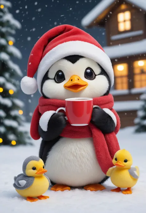 A fluffy chibi stuffed baby pengin,  Santa hat coverd in snow,  holding a cup of coffee under a Christmas tree,  along with a baby duck,  outdoor,  snowing,  night scene,<lora:EMS-14043-EMS:0.700000>