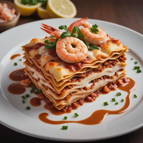 Professional photo of a fancy lasagna with shrimp on top. Food porn. Kodak, kitchen