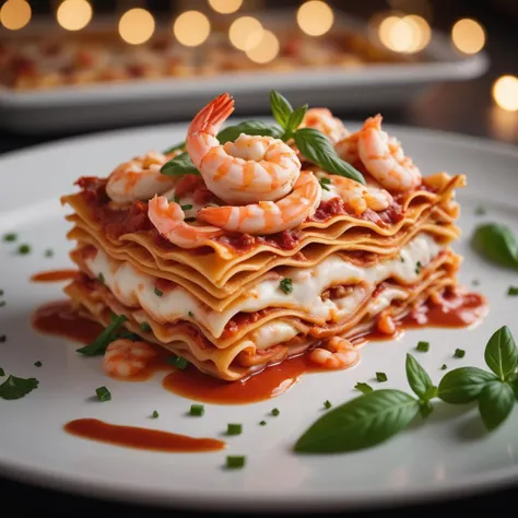 Professional photo of a fancy lasagna with shrimp on top. Food porn. Kodak, kitchen, bokeh