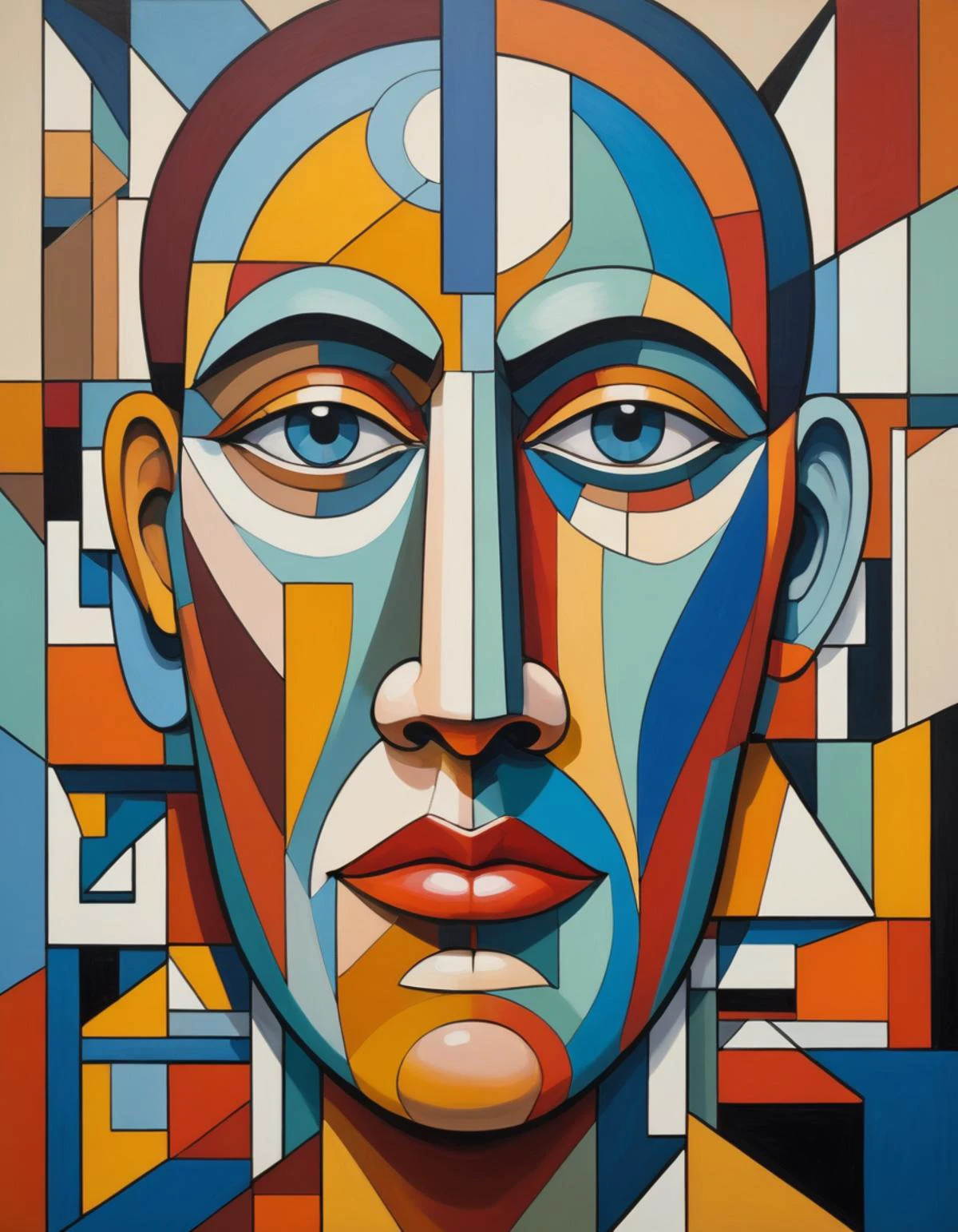 Abstract cubism painting of a muilticolored, giant face inside a ultra modernistic living room