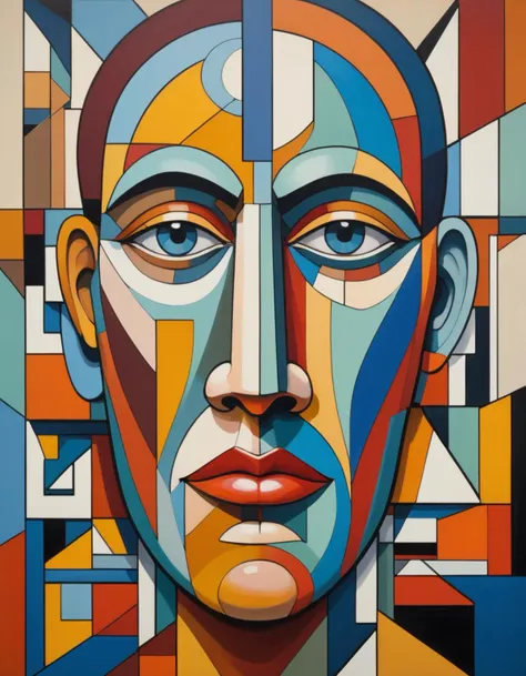 Abstract cubism painting of a muilticolored,  giant face inside a ultra modernistic living room