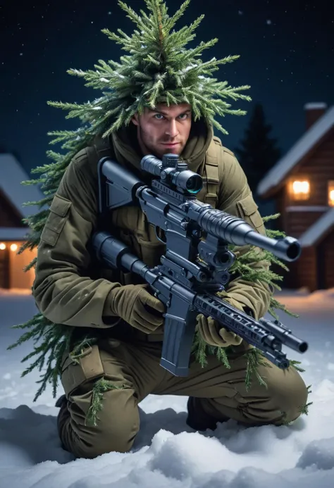 A male sniper made of Christmas tree with LED lights flashing, hiding in the snow, night scene