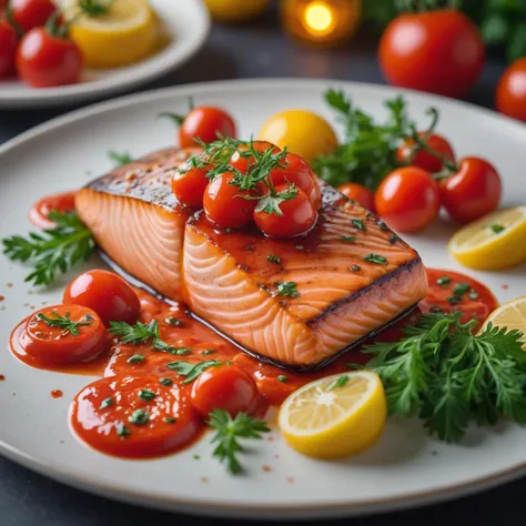 Close up photo of a cooked salmon steak,  cherry tomatoe sauce,  parseley,  fancy arrangement,  vibrant colors,  colorful,  bokeh