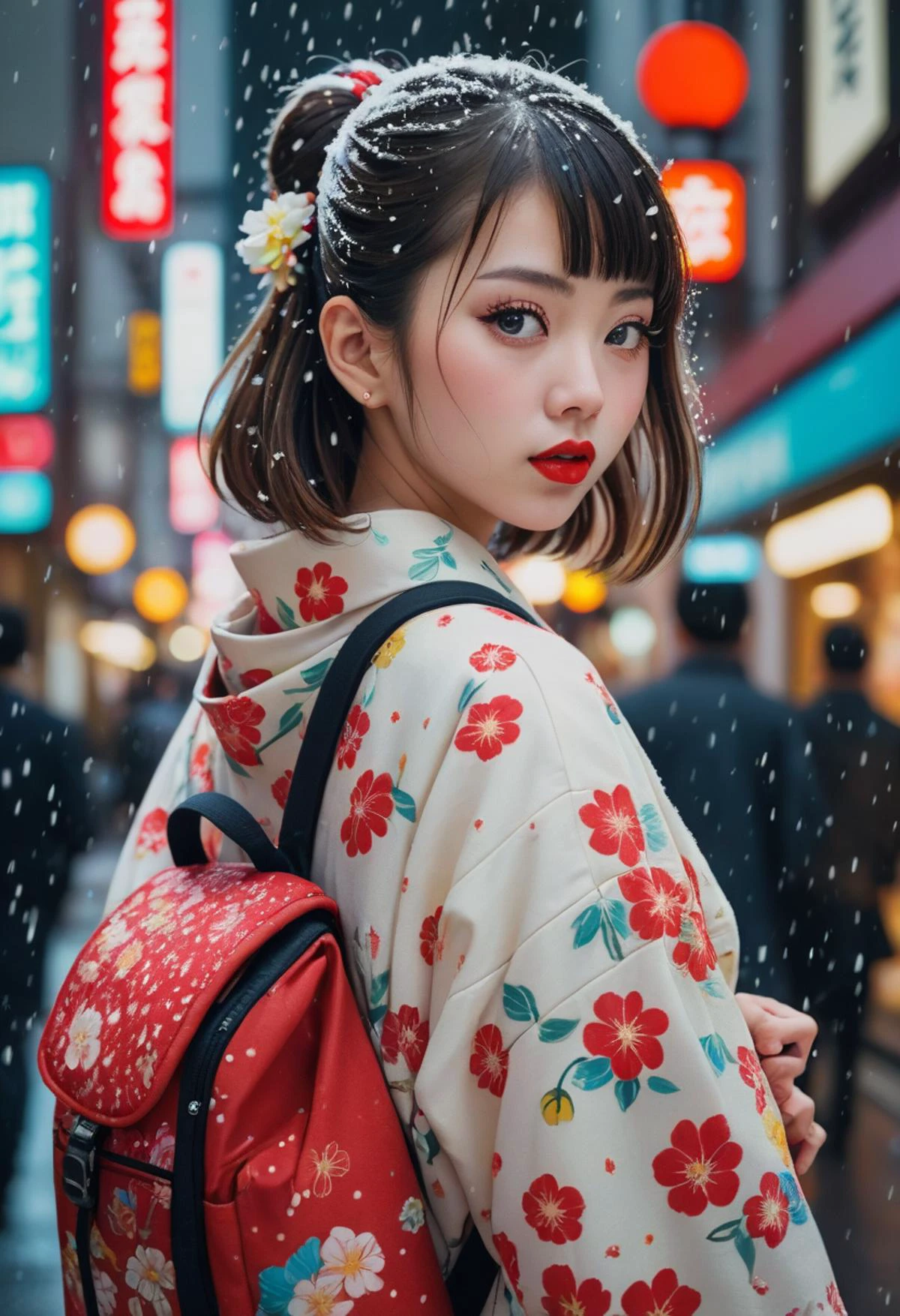Photo of A Japanese girl, dole eye, red lipstick, kawaii kimono with floral pattern, backpack, on the street in Tokyo, busy street neon light, snowing, art by J.C. Leyendecker, Canon 5d Mark 4, Kodak Ektar, soft focus