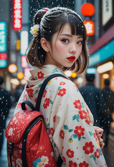 Photo of A Japanese girl,  dole eye,  red lipstick,  kawaii kimono with floral pattern,  backpack,  on the street in Tokyo,  busy street neon light,  snowing,  art by J.C. Leyendecker,  Canon 5d Mark 4,  Kodak Ektar,  soft focus