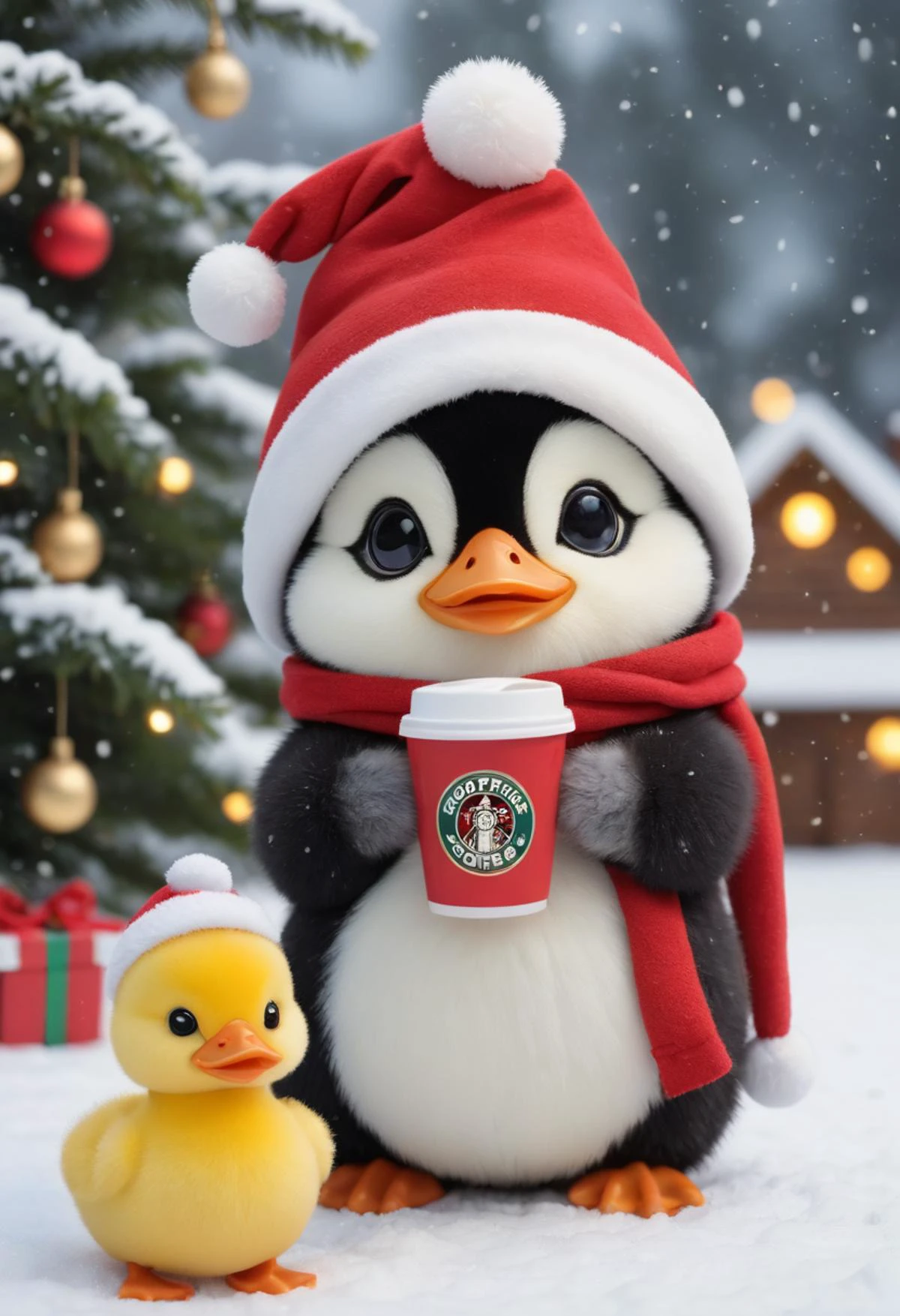 A fluffy chibi stuffed baby pengin, Santa hat, holding a cup of coffee under a Christmas tree, along with a baby duck, outdoor, snowing,<lora:EMS-14043-EMS:0.700000>