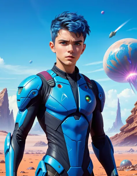 Determined young man, short blue hair, blue stubble, stranded on an alien planet, alien world, crash-landed,